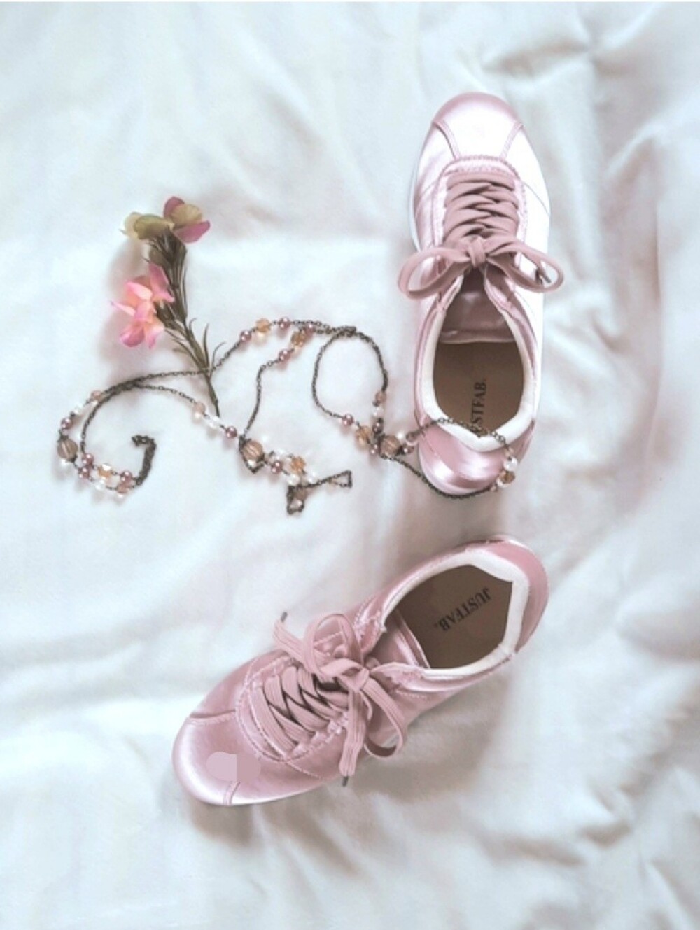JUST FAB Blush Pink Satin Sneakers, Lace-Up